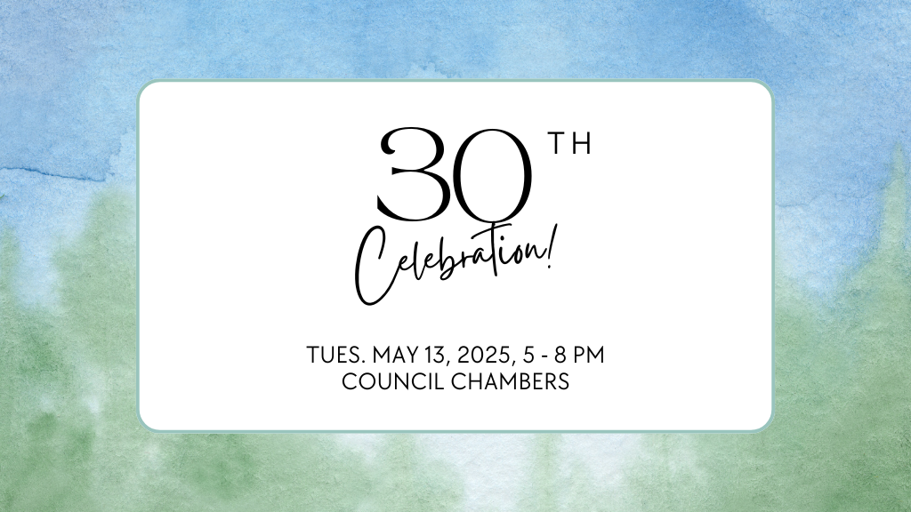 watercolour blue sky and green trees with 30th anniversary words